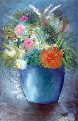 Flowers in a Blue Vase - Oil Painting on HDF by artist Darko Topalski