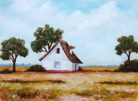 Farm House with a Nest - Original Oil Painting on HDF by artist Darko Topalski