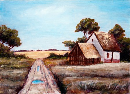 Old Farm Houses by a Road - Original Oil Painting on HDF by artist Darko Topalski