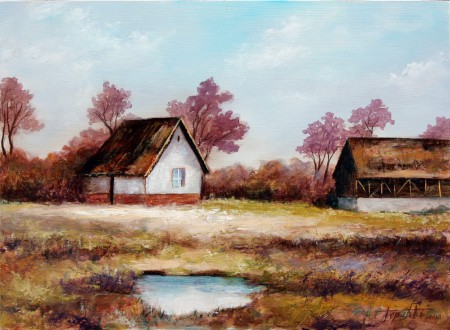 Old Farm Houses - Original Oil Painting on HDF by artist Darko Topalski