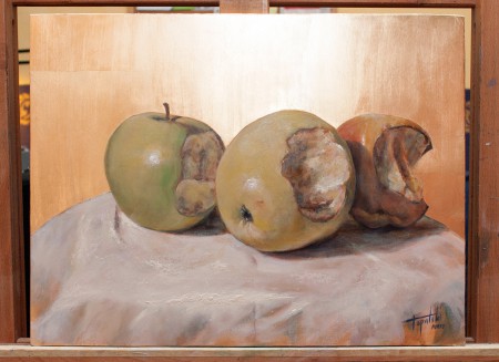 I-Painting Apple - Original Oil Painting on Canvas with Imitation Gold Leaf by artist Darko Topalski