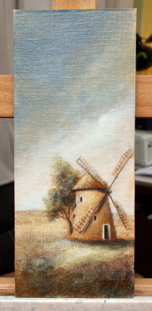Fine Art - Windmill in a plain - Original Landscape oil Painting on HDF by artist Darko Topalski