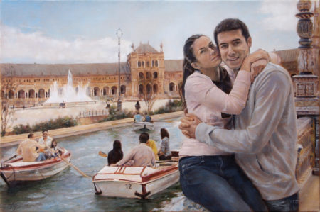 Fine Art - Couple at the Spanish Square in Seville - Original Oil Painting on Canvas by artist Darko Topalski