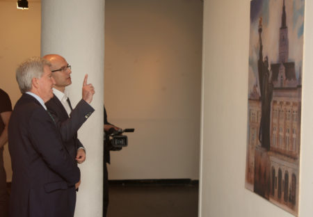 Novi Sad mayor Milos Vucevic and US Ambassador in Serbia Kyle R. Scott in front of Topalski painting "Liberty at the square of Liberty"