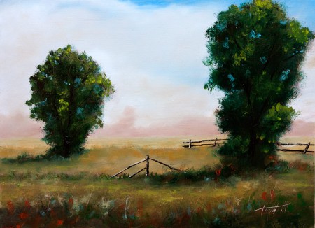 Two Trees in a Meadow - Original Oil Painting on HDF by artist Darko Topalski