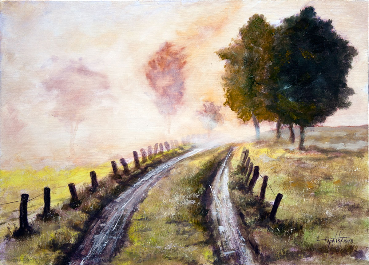 Misty Country Road – Oil Painting