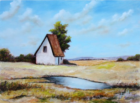 Blue Farm House - Original Oil Painting on HDF by artist Darko Topalski