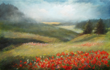 Misty Mountains with poppies- Original Oil Painting on Canvas by artist Darko Topalski