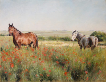 Horses in a Poppy field - Landscape Animals Oil painting - Fine Arts ...