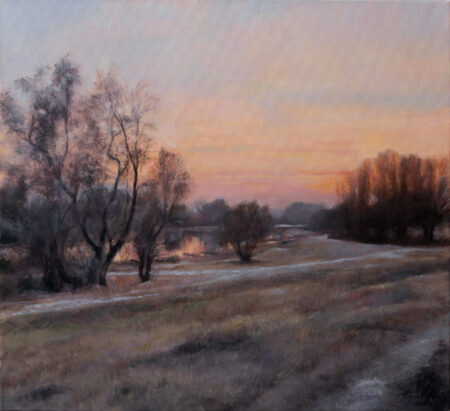 Sunset at the River Pond - Original Landscape Oil Painting on Canvas - by artist Darko Topalski