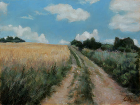 Countryside Road Through Fields - Original Fine Art landscape Oil Painting on Canvas by artist Darko Topalski