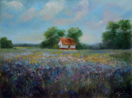 Country house in the Plain - Original Fine Art  landscape Oil Painting by artist Darko Topalski