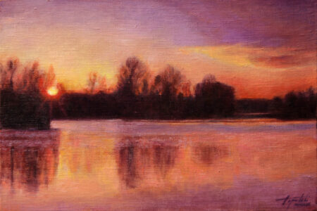 Sunset on the river - Fine Art Original Landscape Oil Painting on Canvas by artist Darko Topalski