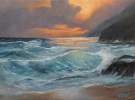 Sunset Seascape - Original Seaside Oil Painting art on Canvas - painted by artist Darko Topalski